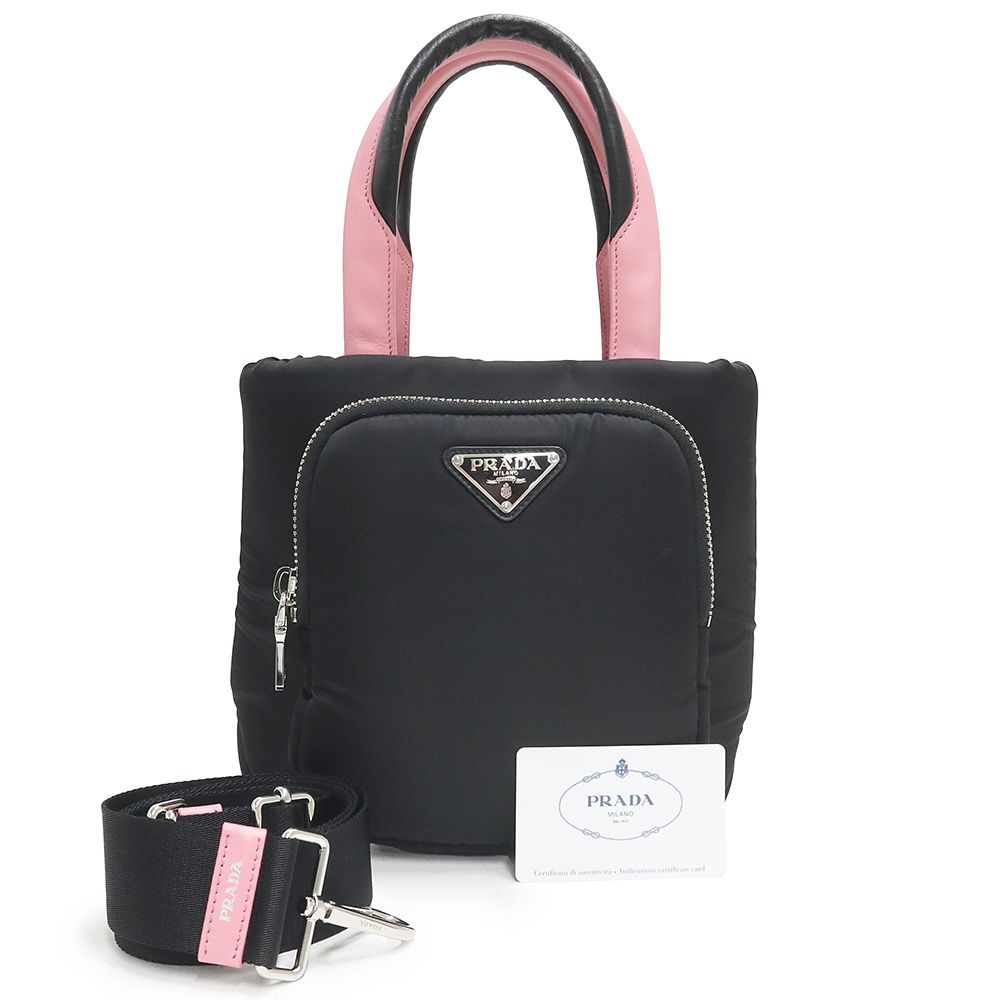 プラダ カーゴスモール 2WAY ショルダー ハンドバッグ 斜め掛け TESSUTO POCKET ナイロン レザー NERO ネロ PETALO ペタロ シルバー金具 1BG270 PRADA