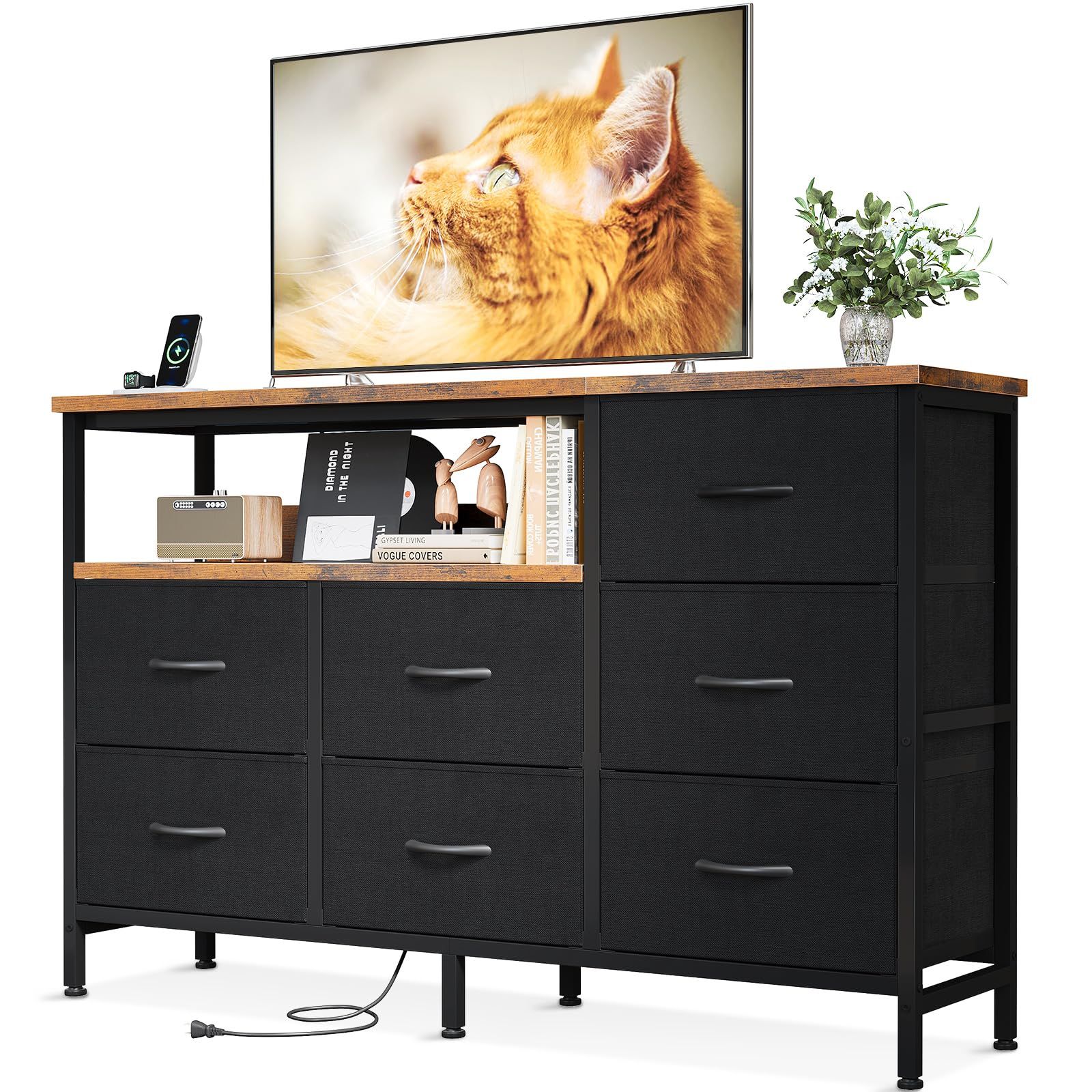 AODK タンス チェスト コンセント付き 幅132×奥行30×高さ90 cm テレビ台 リビング 収納 大容量 洋服タンス 収納ケース 衣装ケース 布製引き出し 箪笥 おしゃれ 転倒防止 安定感 3段7杯 ブラック-ビンテージ