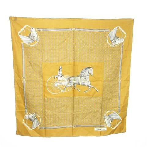 セリーヌ CELINE シルクスカーフ 大判 スクエア 絹 馬車 マカダム柄 総柄 ロゴ 茶 ブラウン AO11 GY01