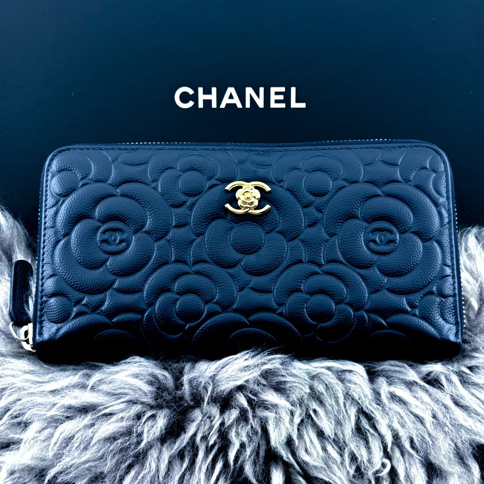 極美品✨】シャネル 長財布 カメリア キャビア ラウンドジップ