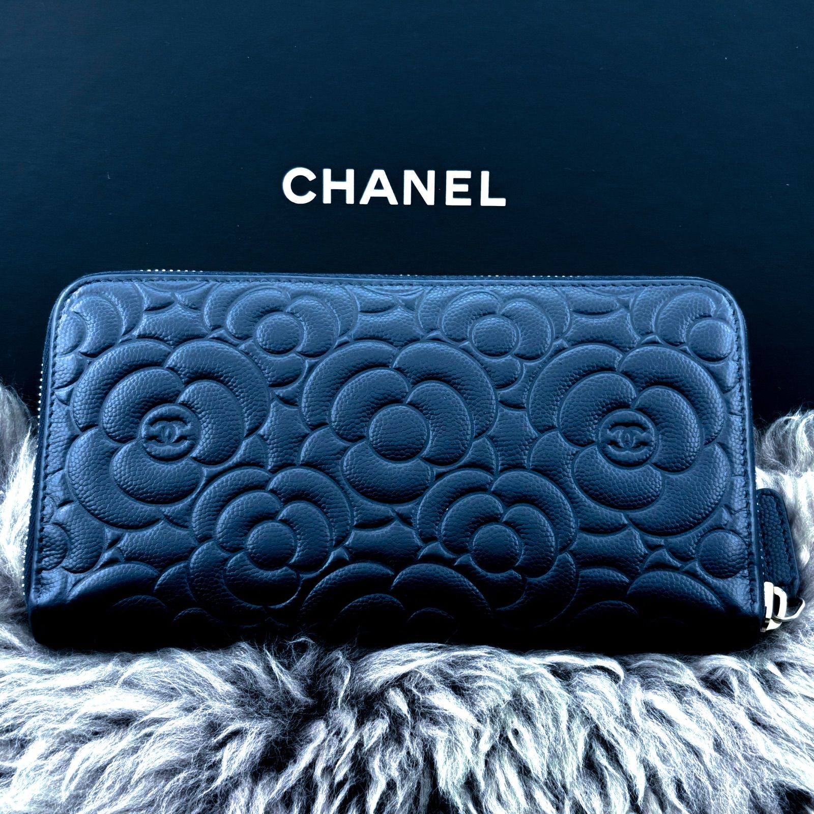 極美品✨】シャネル 長財布 カメリア キャビア ラウンドジップ