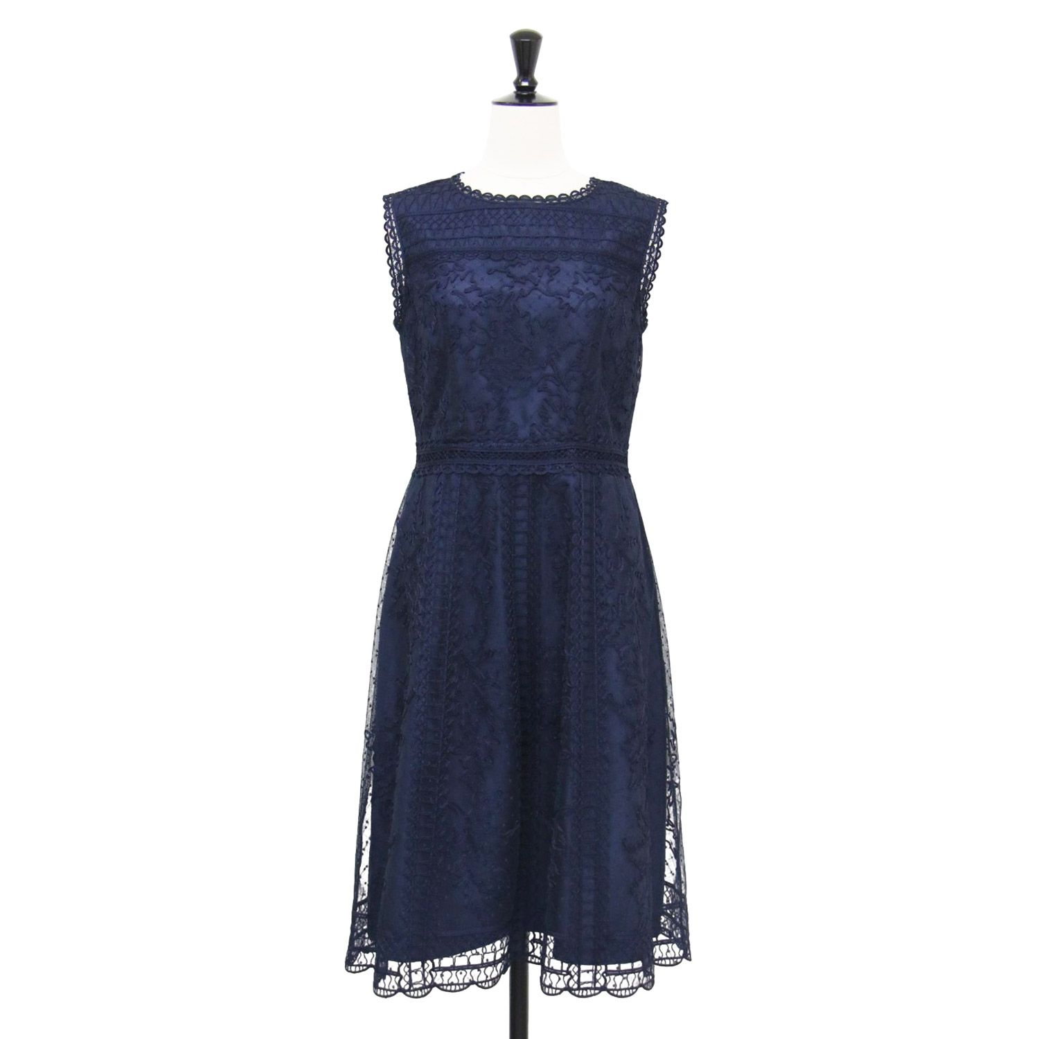 ANAYI アナイ ワンピース ネイビー 紺 サイズ 38 M テープ刺繍 フ ドレス ワンピース ミディ丈 ノースリーブ クルーネック レーズ チュール トップス レディース