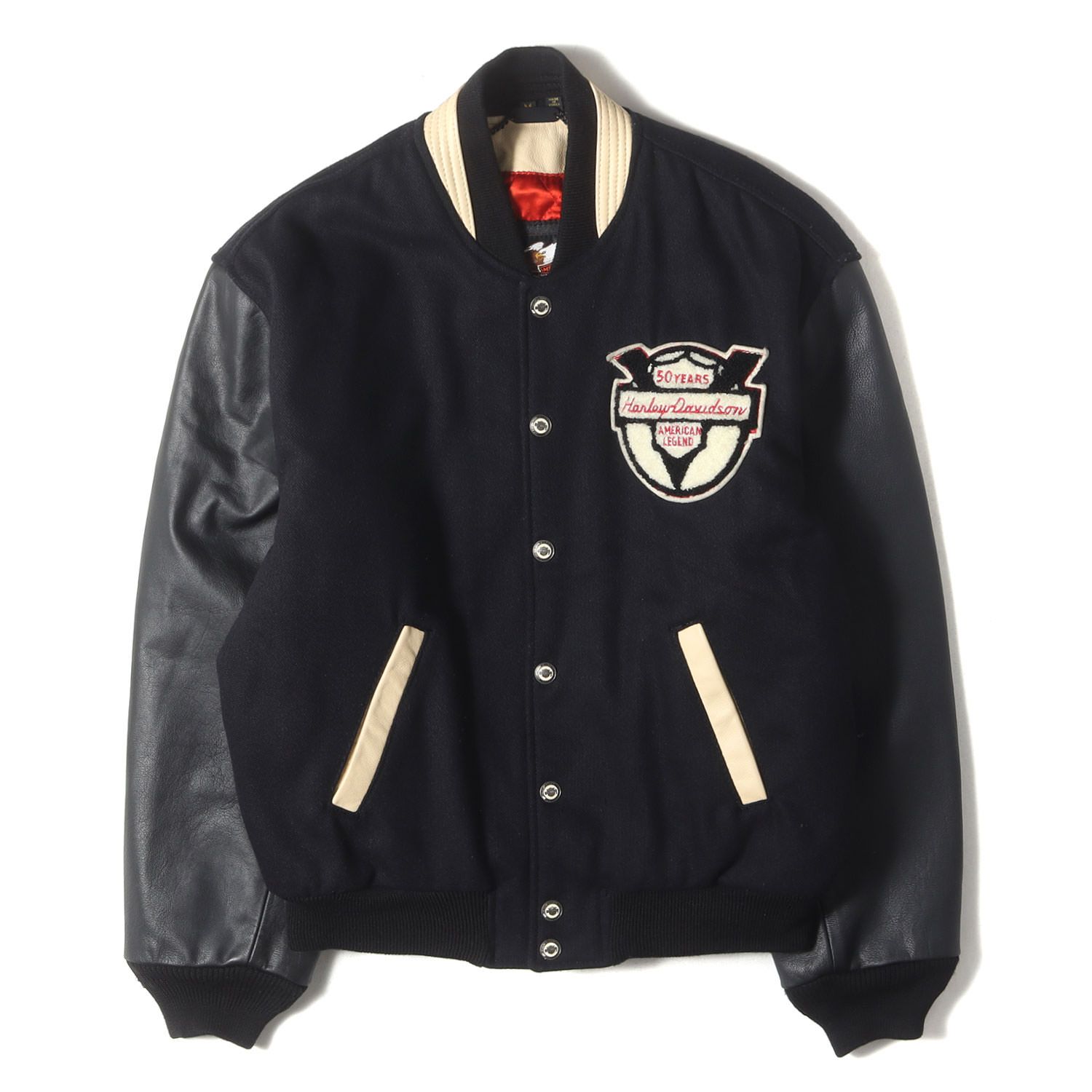 HARLEY-DAVIDSON ハーレーダビッドソン スタジャン ブラック サイズ M FLモデル 50周年記念 90s タズマニアンデビル 袖レザー メルトン スタジャン アウター ジャケット ブルゾン 90年代 古着 ヴィンテージ