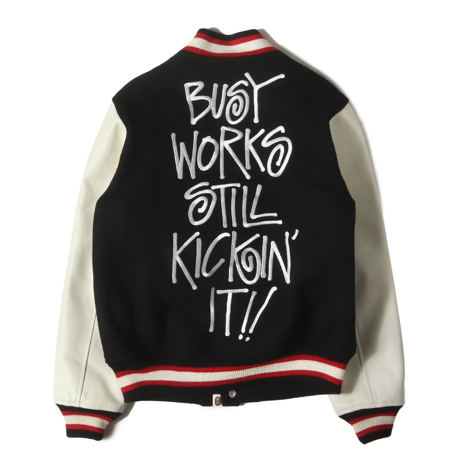 A BATHING APE ア ベイシング エイプ スタジャン ブラック 黒 サイズ M STUSSY 猿顔-SSリンク 袖レザー メルトン スタジャン アウター ジャケット ブルゾン ジャンパー 上着 コラボ メンズ