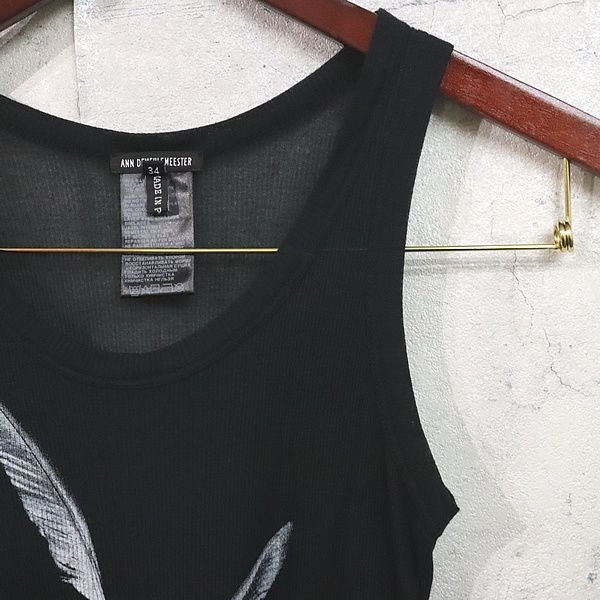 アン ドゥムルメステール Ann Demeulemeester レディース タンクトップ フェザープリント 黒 size 34 17672
