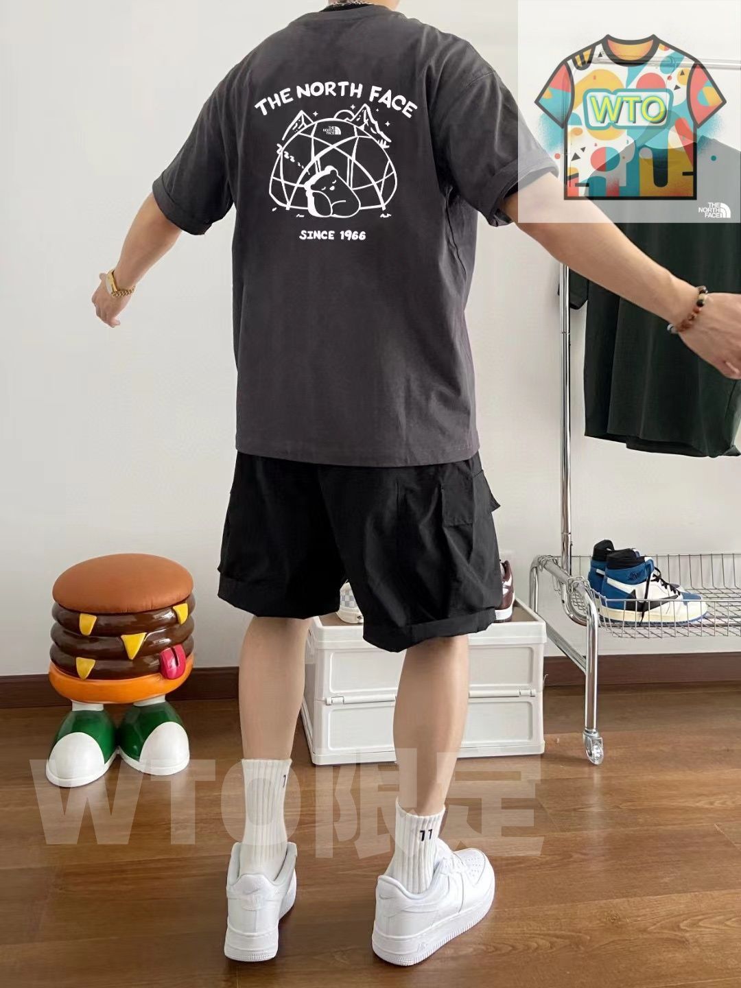 TNF ザ ノース フェイス 専門店と同じデザイン 前後ロゴのクマとキャンプアルファベット カップル用プリント T シャツ 男女兼用 -WTO輸入1