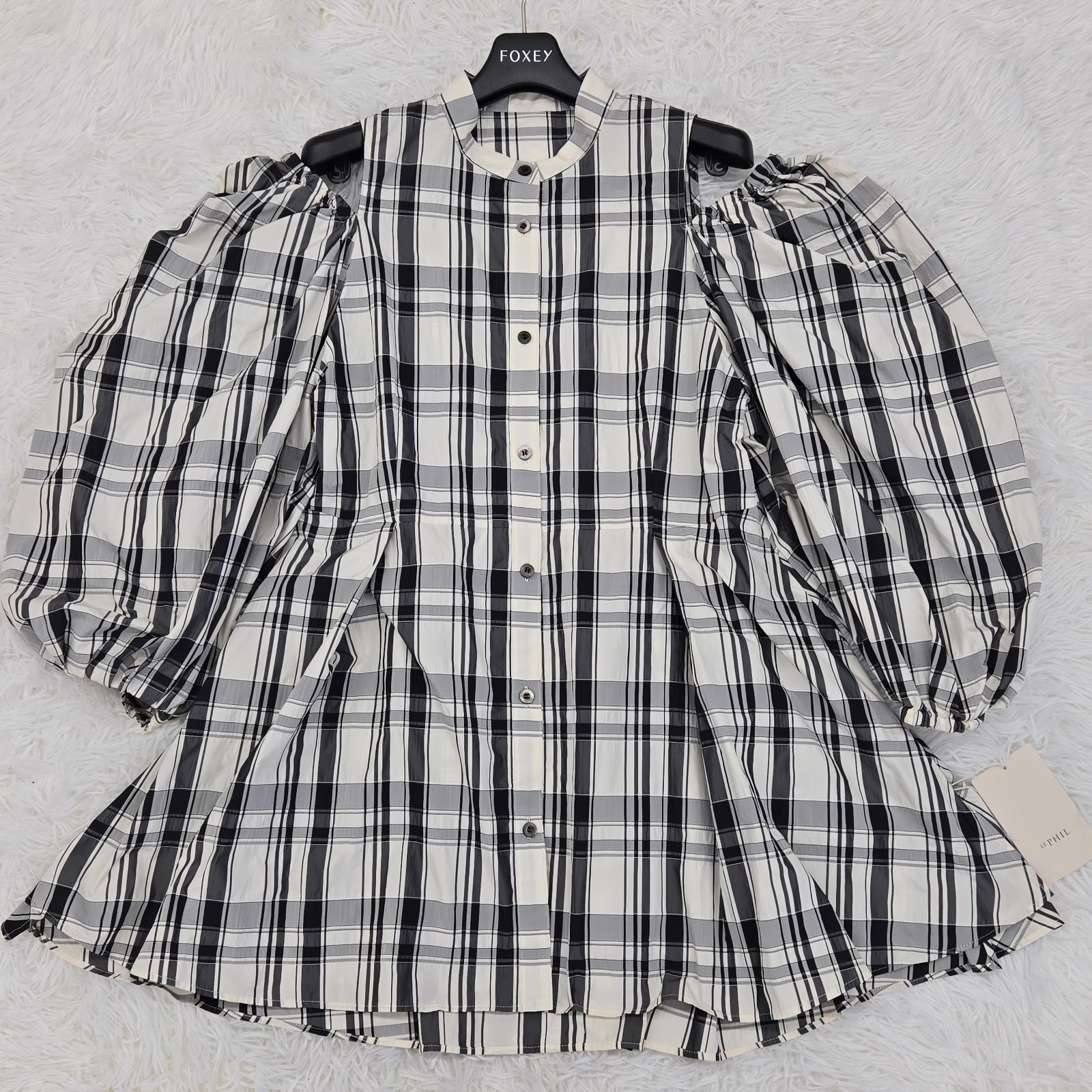 LE PHIL ルフィル メモリータフタチェックブラウス ロゴボタン バンド