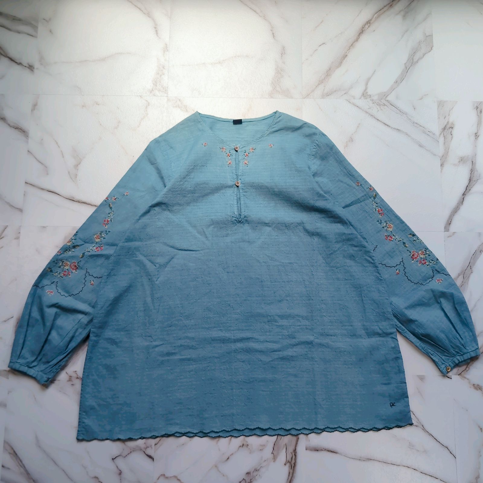 45r 藍カディフラワー刺繍ブラウス 2 M 藍染 インド