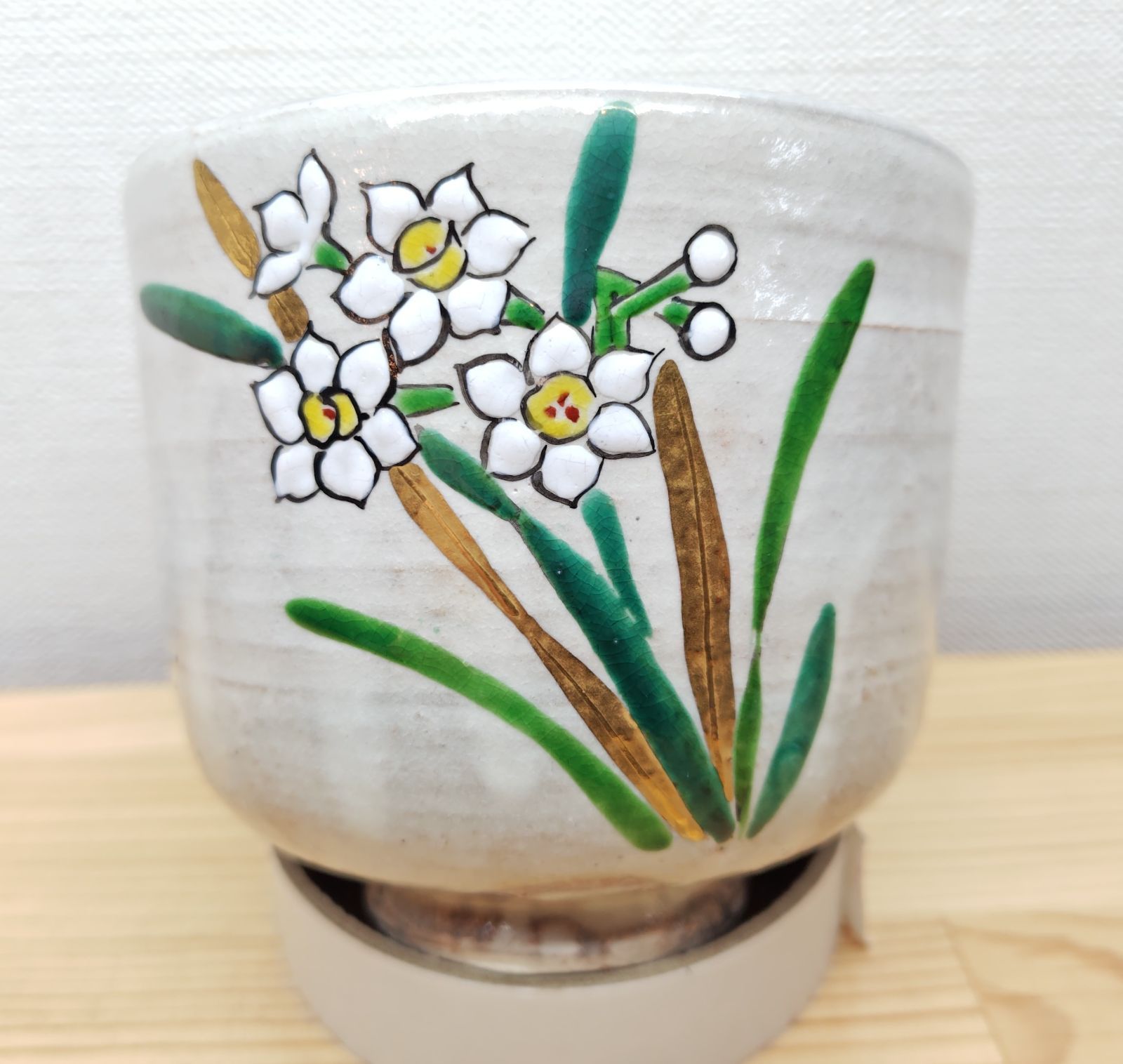 逢絢亭・新品】茶道具 茶碗 筒茶碗 京焼 色絵 乾山 水仙の絵 小野山照