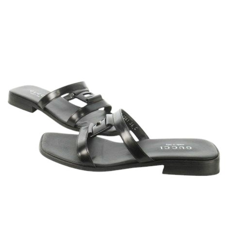 グッチ GUCCI フラットサンダル ミュール スクエアトゥ レザー 革 Gロゴ 36 23.0 cm 黒 ブラック CK 24 GY 18