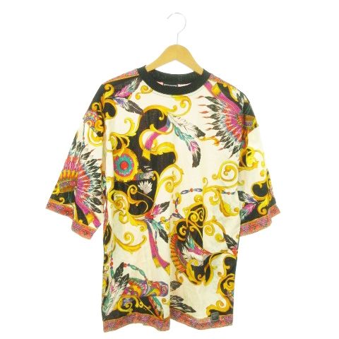 ヴェルサーチジーンズ VERSACE JEANS COUTURE カットソー Tシャツ クルーネック 五分袖 コットン プリント オリエンタル フェザー チマヨ柄 総柄 ロゴ ベージュ AO23