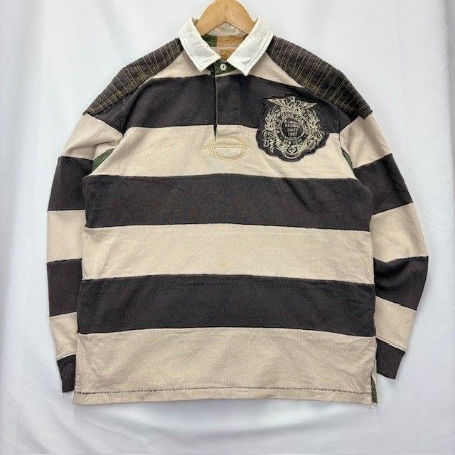POLO JEANS COMPANY 再構築風 パッチ ラガーシャツ風 長袖ポロシャツ サイズⅬ 07111507 01 FADE 汚れ
