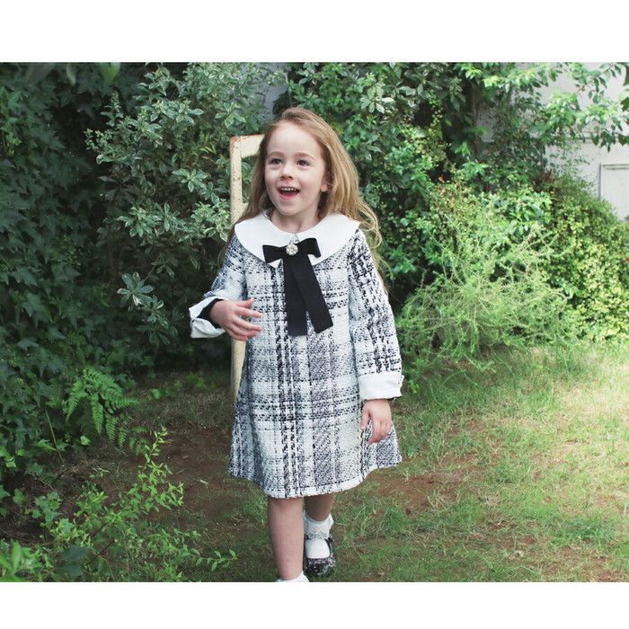 キッズ ワンピース ドレス 女の子 長袖 120 cm ココットワンピース 卒園式 入園式 入学式 結婚式 パーティ 発表会 七五三 ツイード リボン かわいい オシャレ おしゃれ WHITE