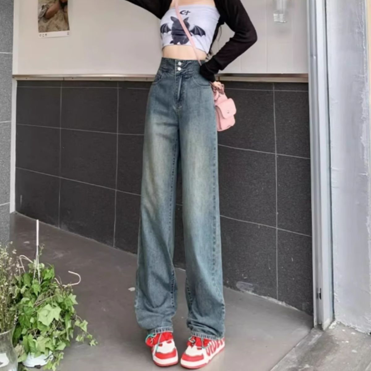 パンツ レディース デニム ワイド ストレート バッククロス ロング 韓国ファッション 黒 サックス シンプル ハイウエスト 美脚 かわいい