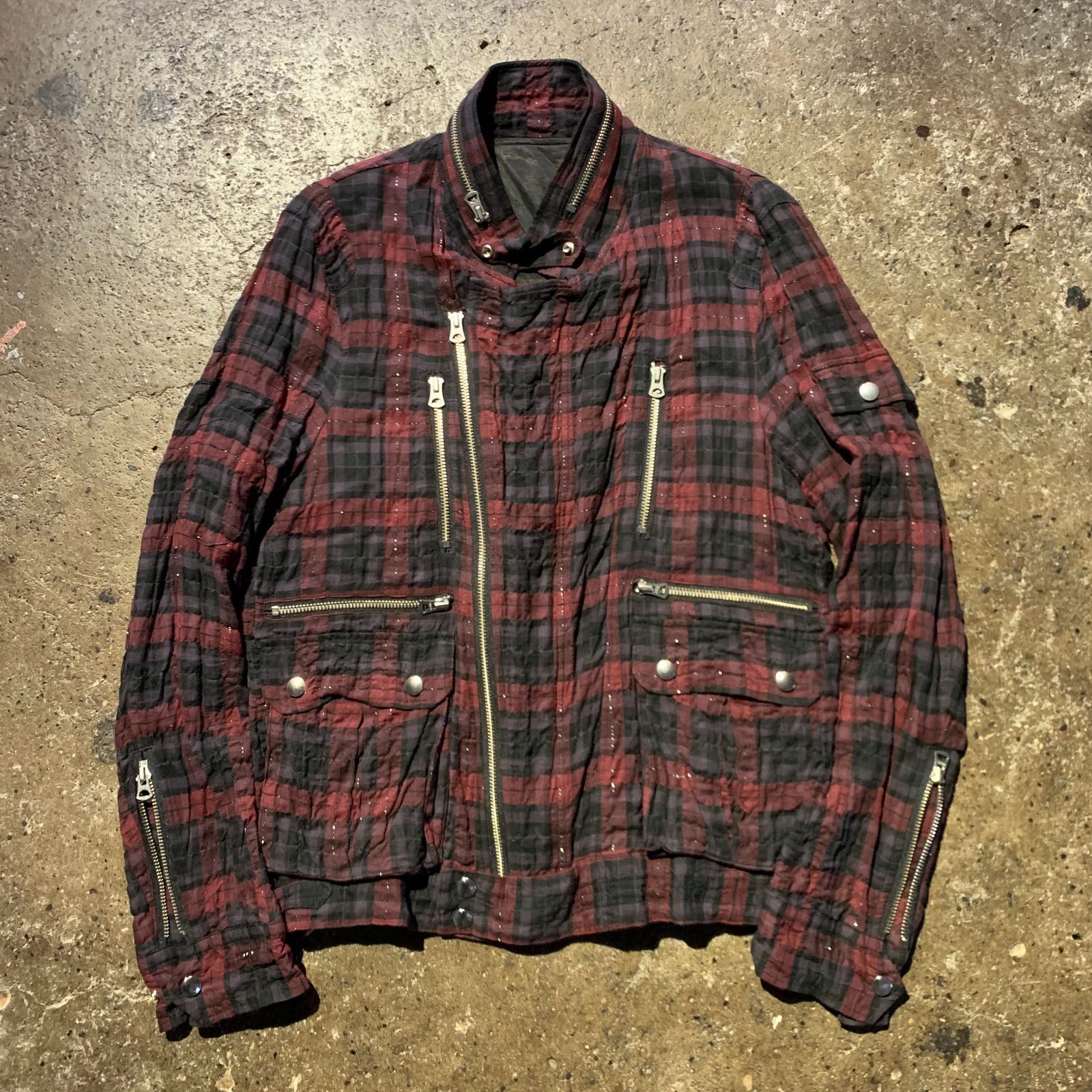 【海外販売】 UNDERCOVER 07ss Purple期 製品加工 ガーゼライダースジャケット チェック柄 アンダーカバー マルチジップ 7S217-B6 半額多数！