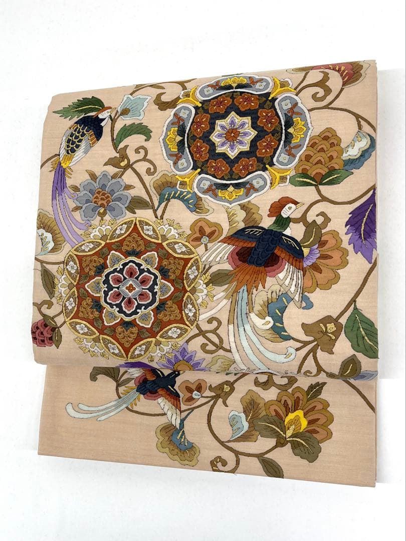 明綴れ織 手織 蜀江文 袋帯 華紋 四季の花々 正絹 お太鼓柄 Q1217 明綴れ織 手織 蜀江文 袋帯 華紋 四季の花々 正絹 お太鼓柄 Q1217