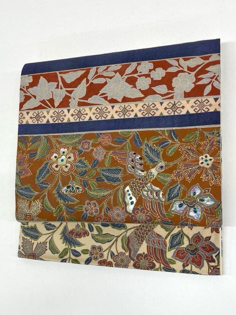  螺鈿細工 全通 袋帯 金彩 鳥 正絹 D152 袋帯 帯