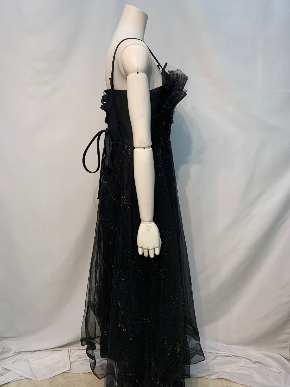 1802 キャバクラ ドレス ロングドレス キラキラ フラワー コサージュ ストーン チュール ブラックドレス イベント バースデー キャバドレス