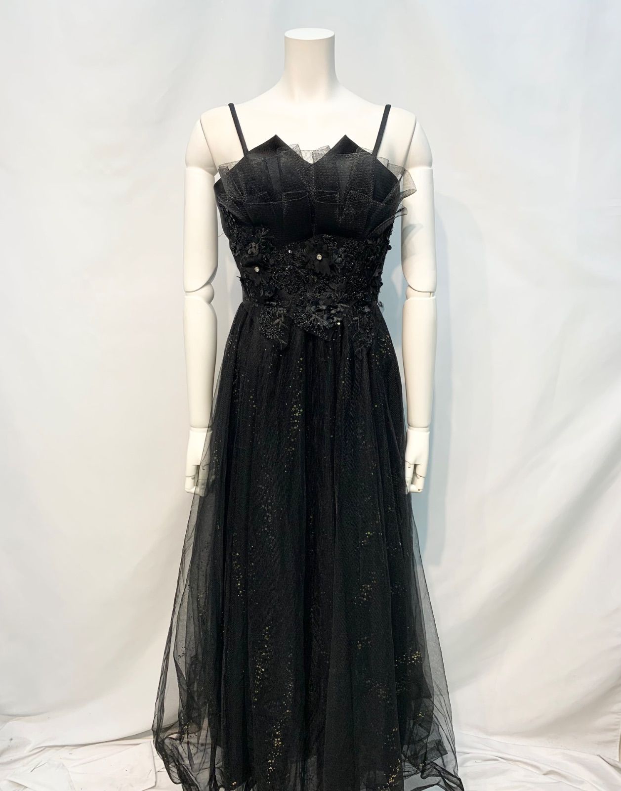 1802 キャバクラ ドレス ロングドレス キラキラ フラワー コサージュ ストーン チュール ブラックドレス イベント バースデー キャバドレス