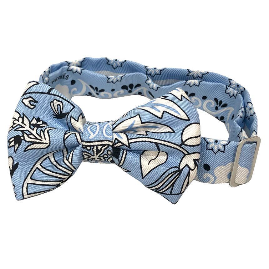 HERMES エルメス 蝶ネクタイ ヌー パピヨン FLEURS ET PAPILLONS DE TISSU 花咲く織物 ブルー aq12239