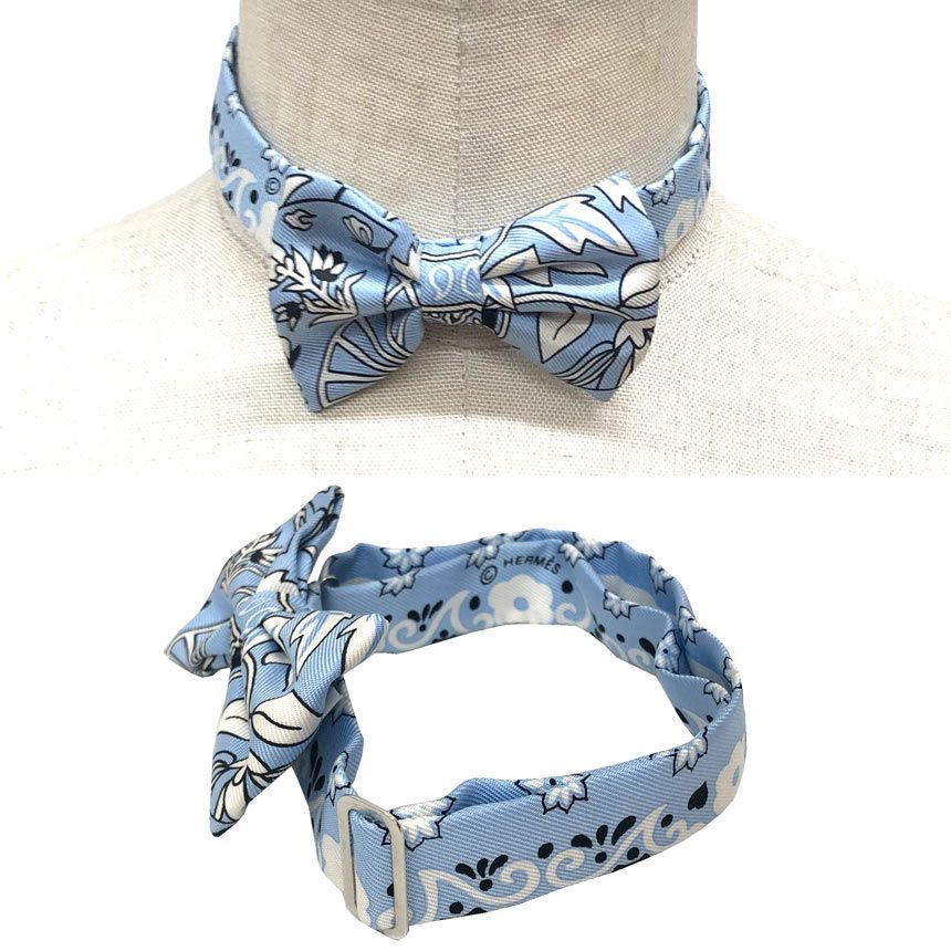 HERMES エルメス 蝶ネクタイ ヌー パピヨン FLEURS ET PAPILLONS DE TISSU 花咲く織物 ブルー aq12239