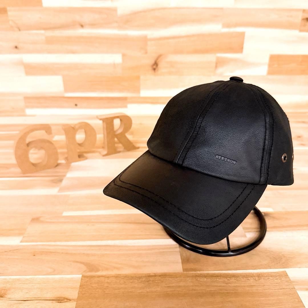 稀少 ステットソン エンボス ロゴ レザー キャップ 本革 黒ブラック