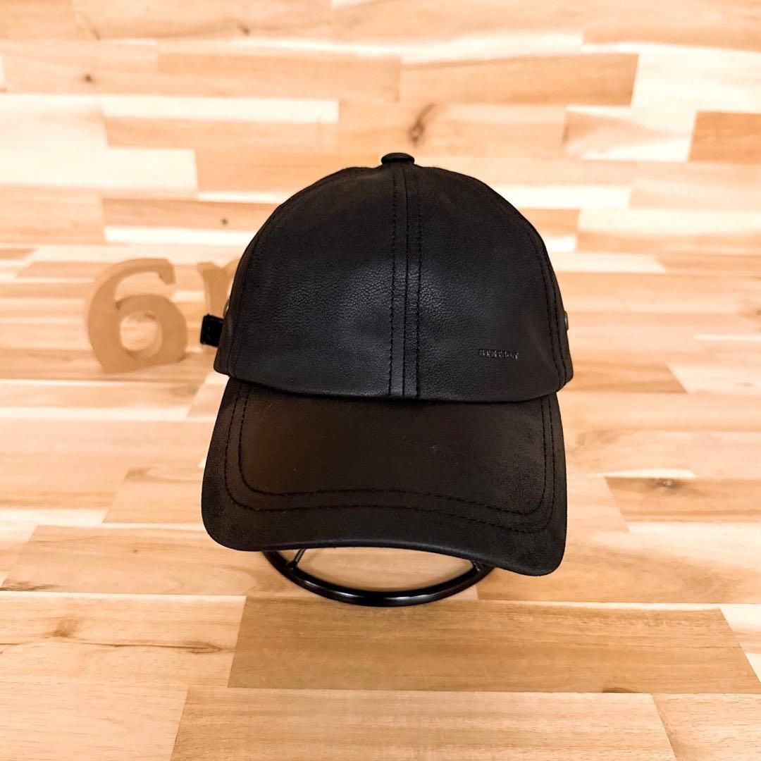 稀少 ステットソン エンボス ロゴ レザー キャップ 本革 黒ブラック