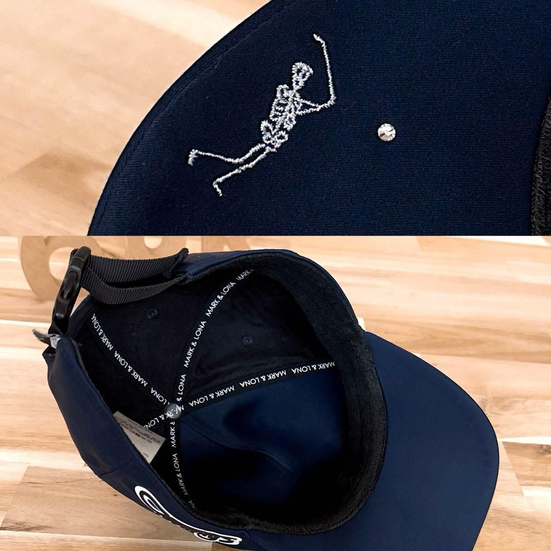 マークアンドロナ】ナイロン スクエア ワッペン スカルロゴ キャップ紺