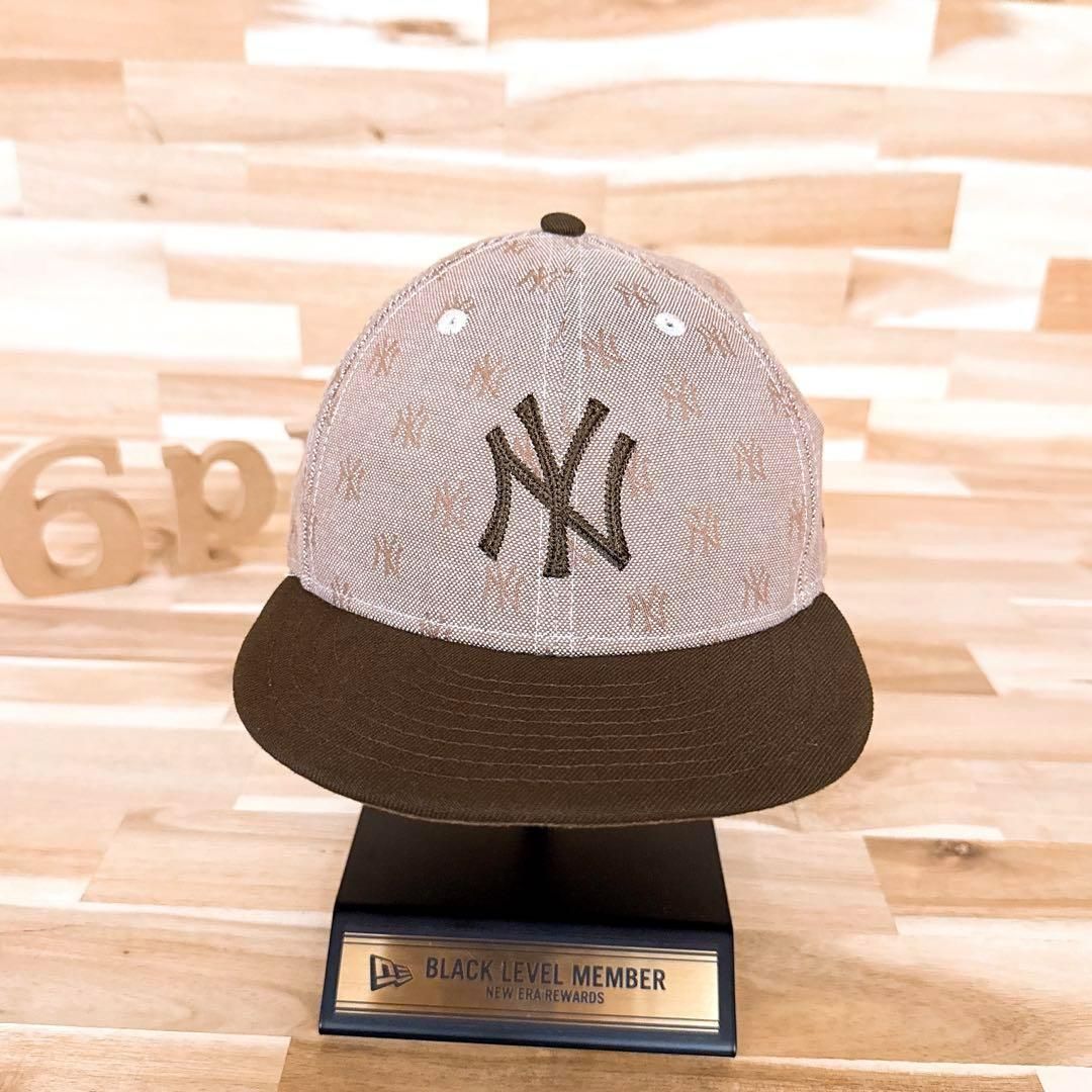 ニューエラ×ヤンキース ケーブル ステッチ NYロゴ キャップ 総柄 茶