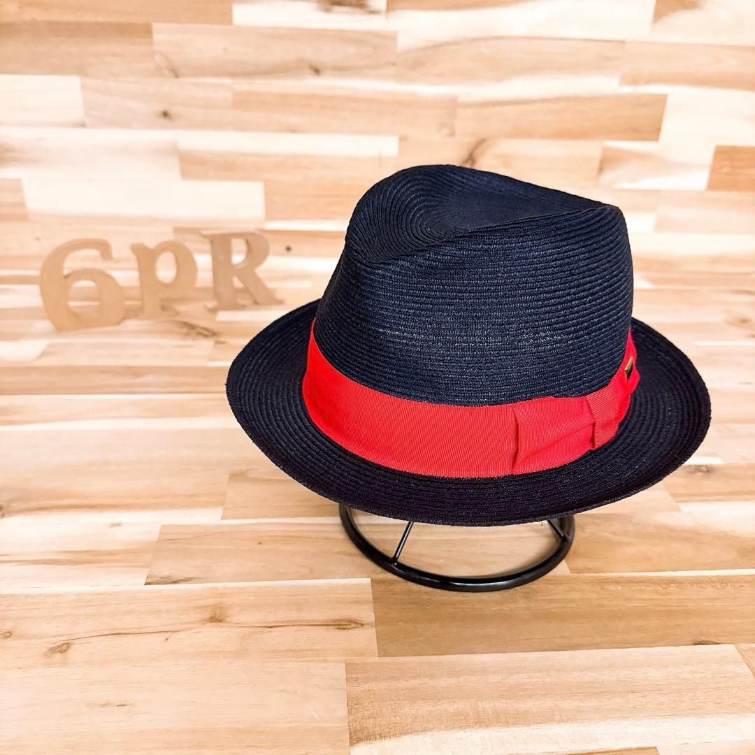 感 ノックス レッド リボン メタル ロゴ ストローハット 紺ネイビー×赤