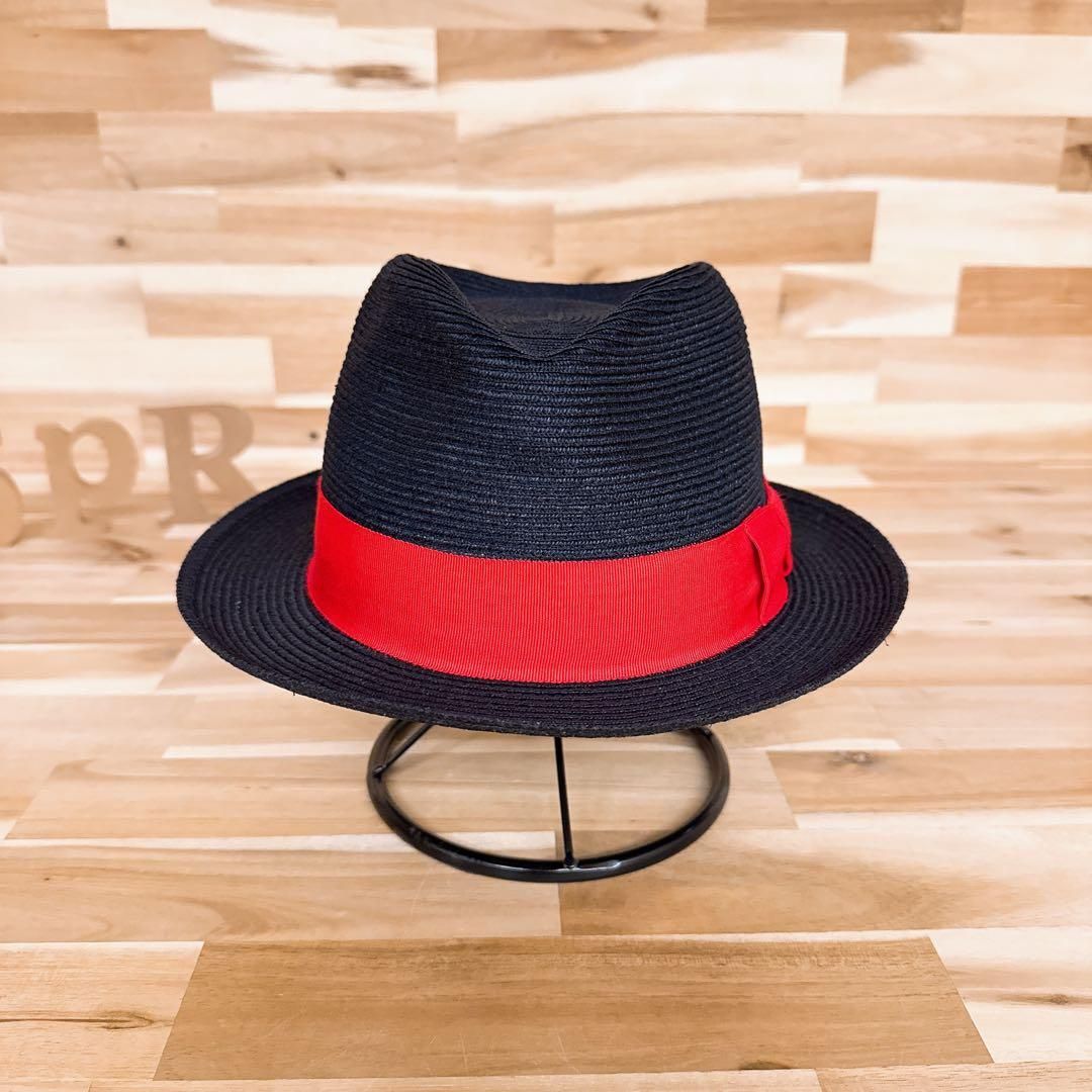 感 ノックス レッド リボン メタル ロゴ ストローハット 紺ネイビー×赤