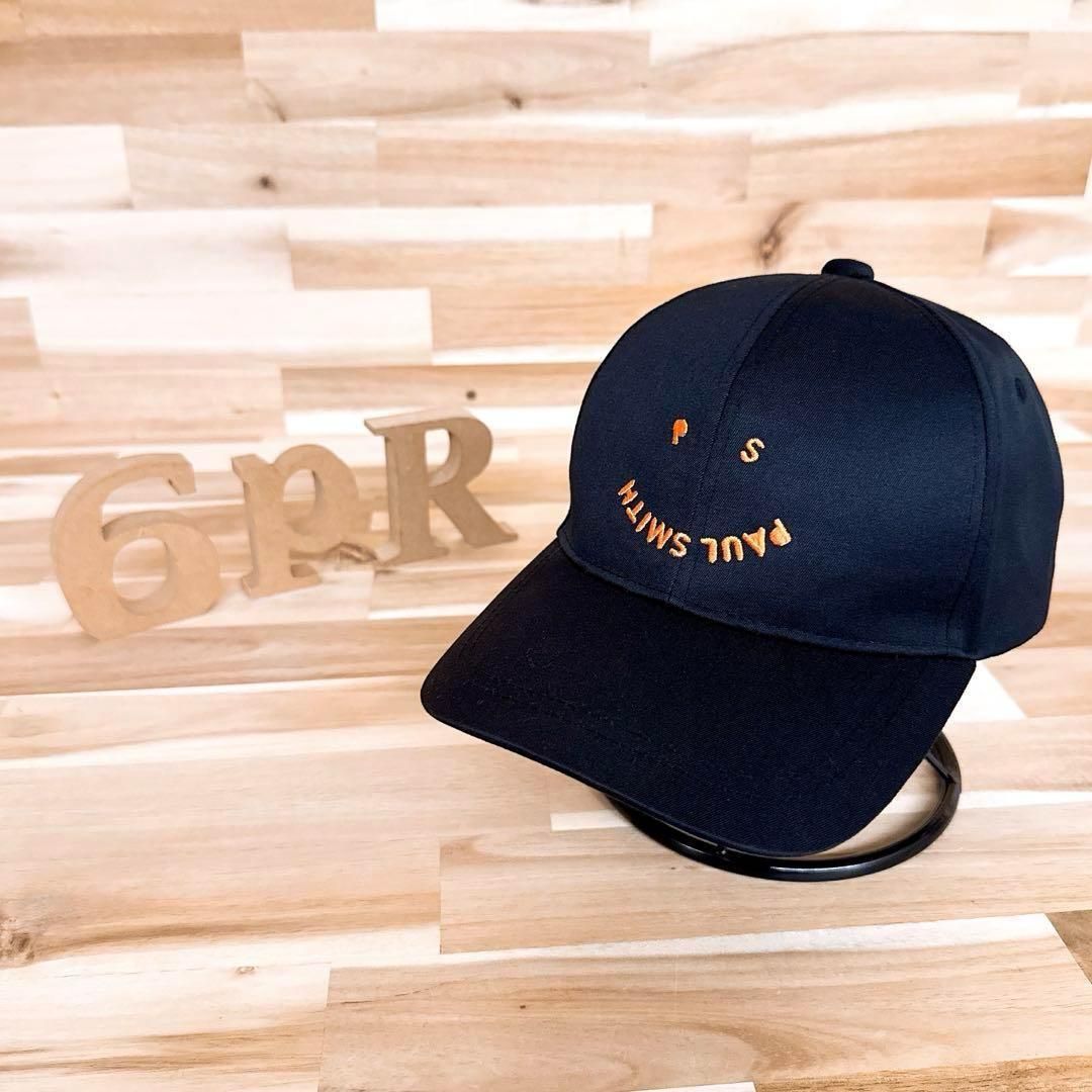 ポールスミス スマイル PS刺繍 マーク ロゴ キャップ 黒×オレンジ