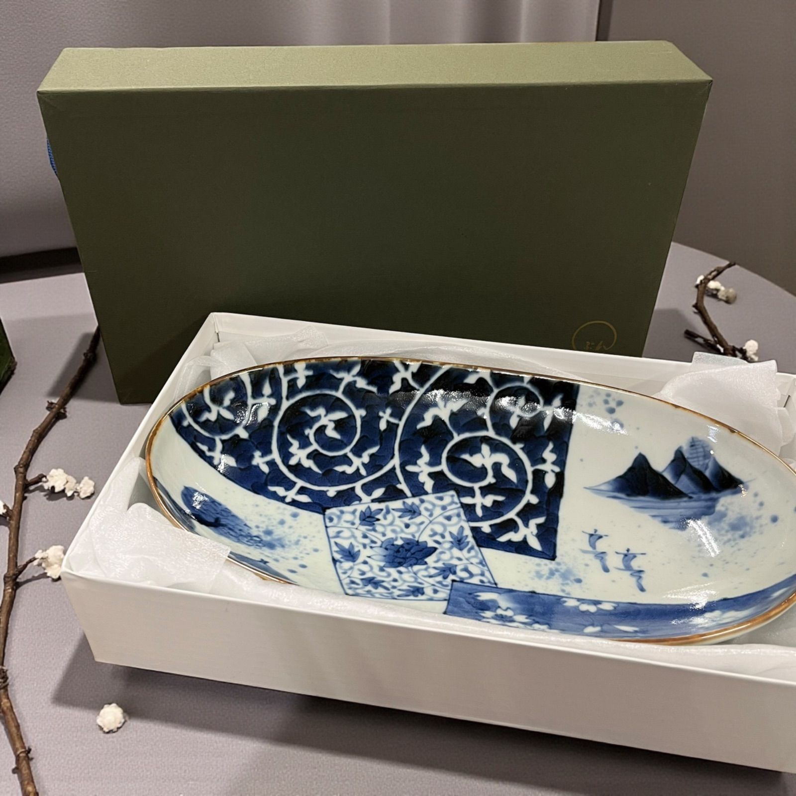 有田焼 福泉窯 青 白 楕円形皿 箱有 大皿 染付折紙変り唐草 楕円深鉢