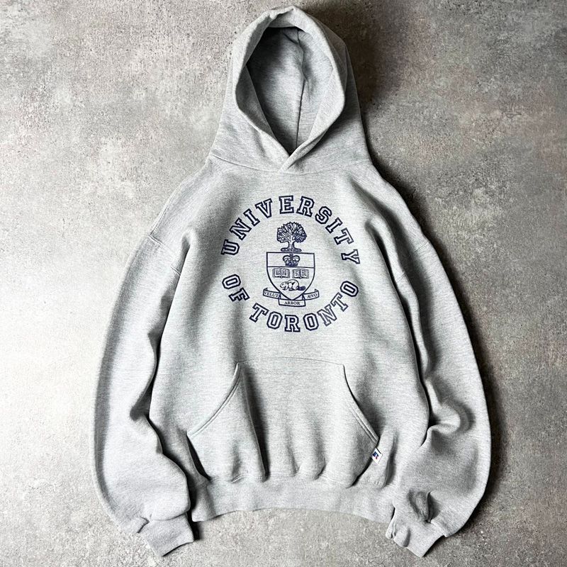 90s USA製 RUSSELL 3段 カレッジ プリント スウェット フード パーカー