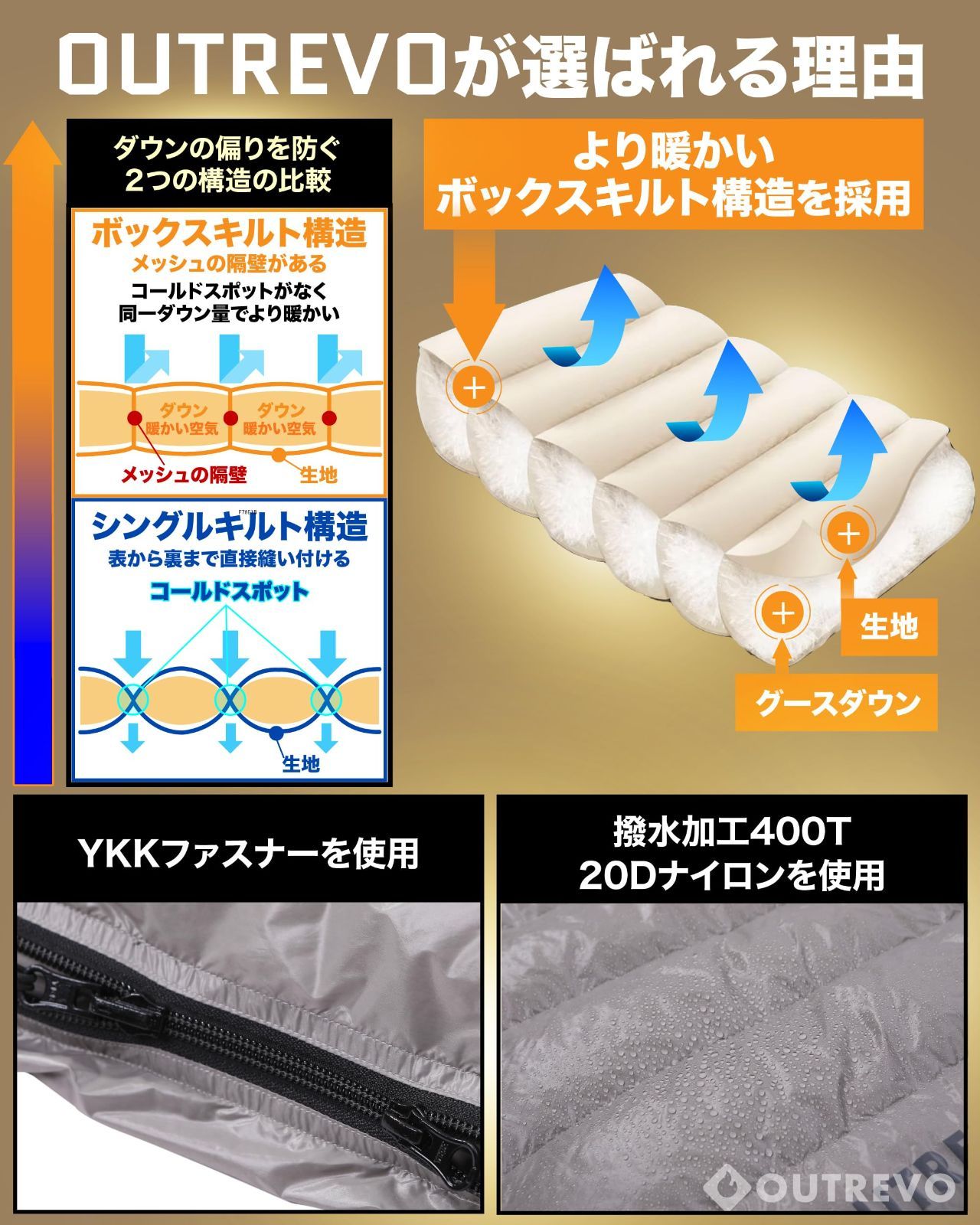 在庫 アウトレボ シュラフ コンパクト 連結してふたり用に 400g グースダウン 防水 軽量 封筒型 ダウン 寝袋