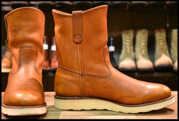 9.5E 緑犬タグ 犬刻印 97年 レッドウィング 866 ペコス 茶 オロイジナル ブラウン プルオン ブーツ redwing pecos HOPESMORE FJ498