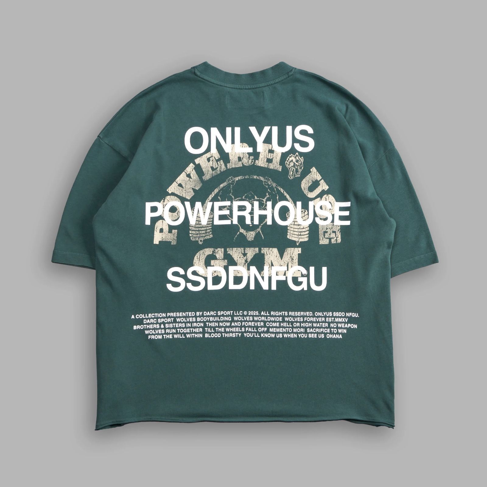 Darc Sport POWERHOUSE SSDD NFGU Only Us Gym Premium Raw Hem Box Cut Tee Norse Green ダルクスポーツ パワーハウスジム オンリーアズ ボックスカットTシャツ ノースグリーン 緑