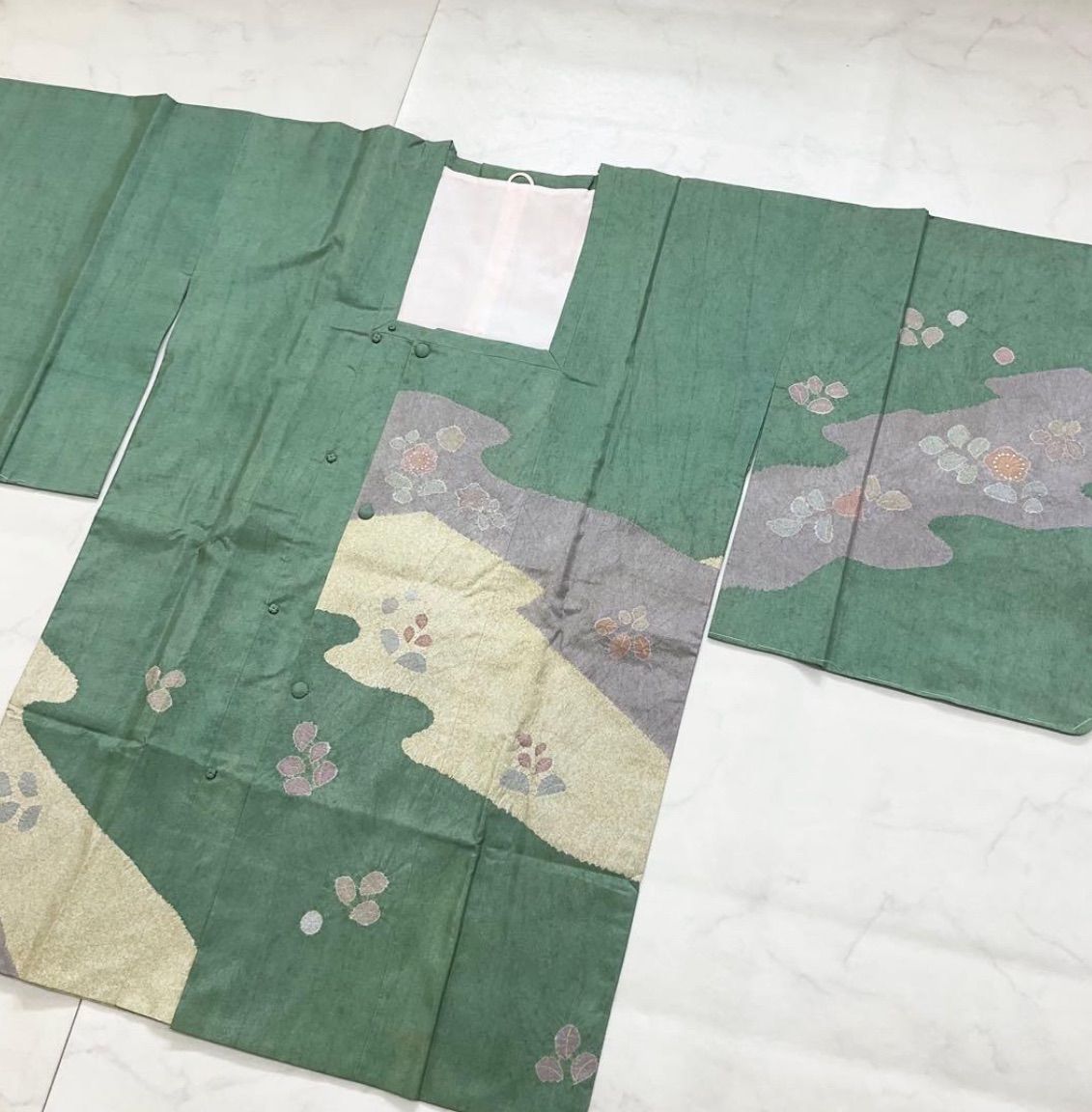 kimono one kimonoarisa 同然 大島紬に友禅と絞りの素敵なロング道行コート 正絹 絞り 仕付け糸付き 裄長 裄66丈89.5