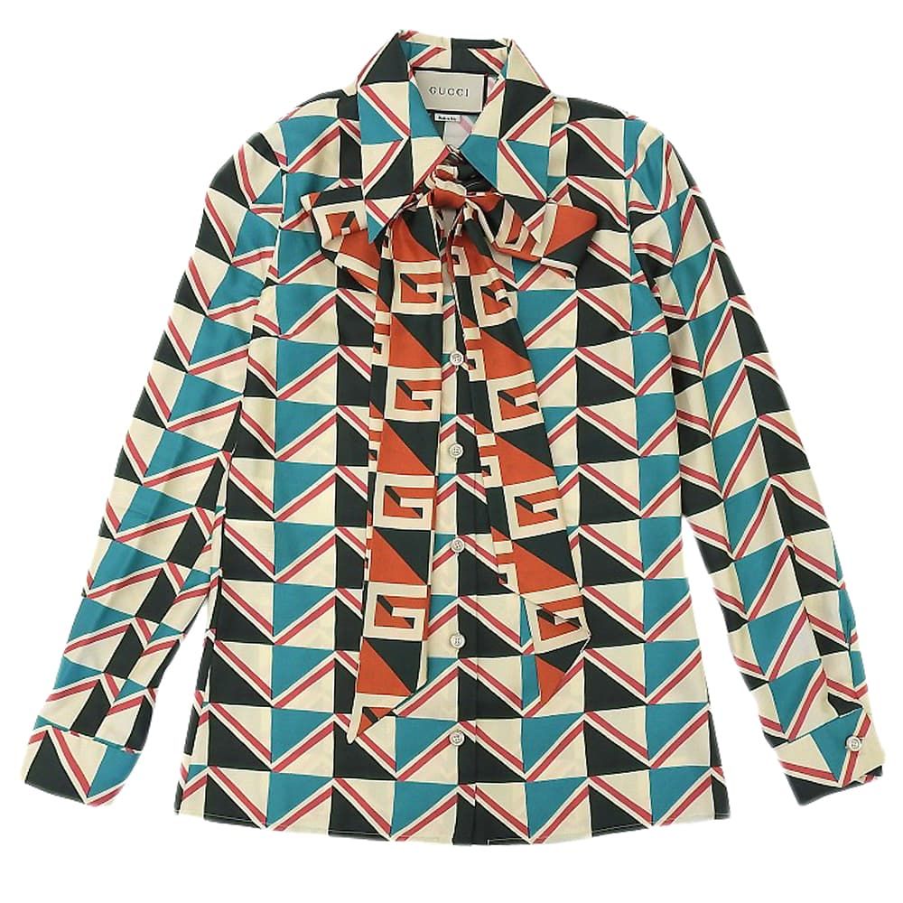 GUCCI グッチ 幾何学模様 ボウタイ シャツブラウス トップス レディース シルク100 マルチ 36 505339 17年 36