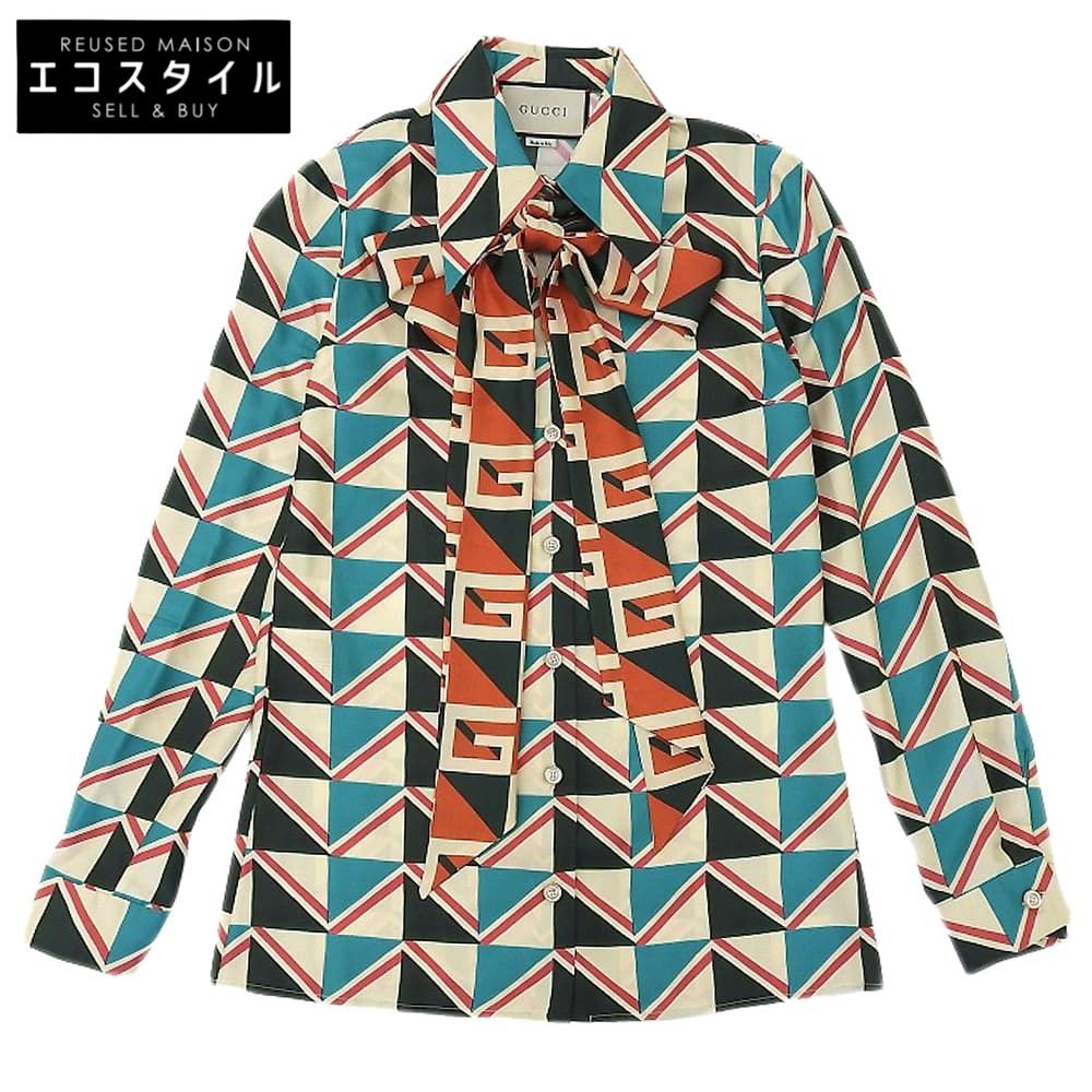 GUCCI グッチ 幾何学模様 ボウタイ シャツブラウス トップス レディース シルク100 マルチ 36 505339 17年 36
