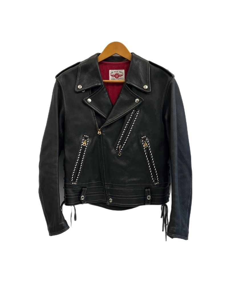 フラットヘッド THE FLAT HEAD ディアスキン ダブル ライダース ジャケット レザー 鹿革 レザーパイピング レザーレース 黒 36 ジャケット ブラック 101MT-5316