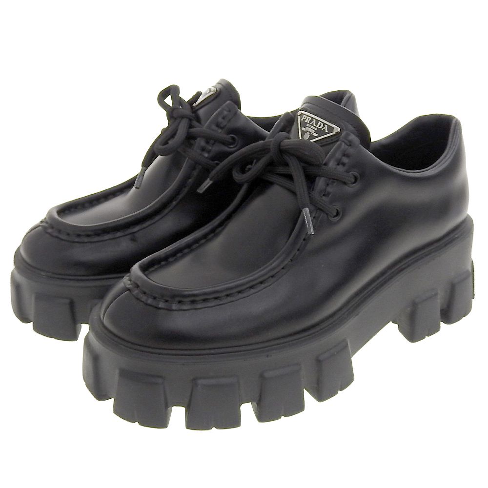 PRADA プラダ ブラッシュドレザー 厚底 ダービーシューズ レディース 37 1 2 E 254 N モノリス 37.5