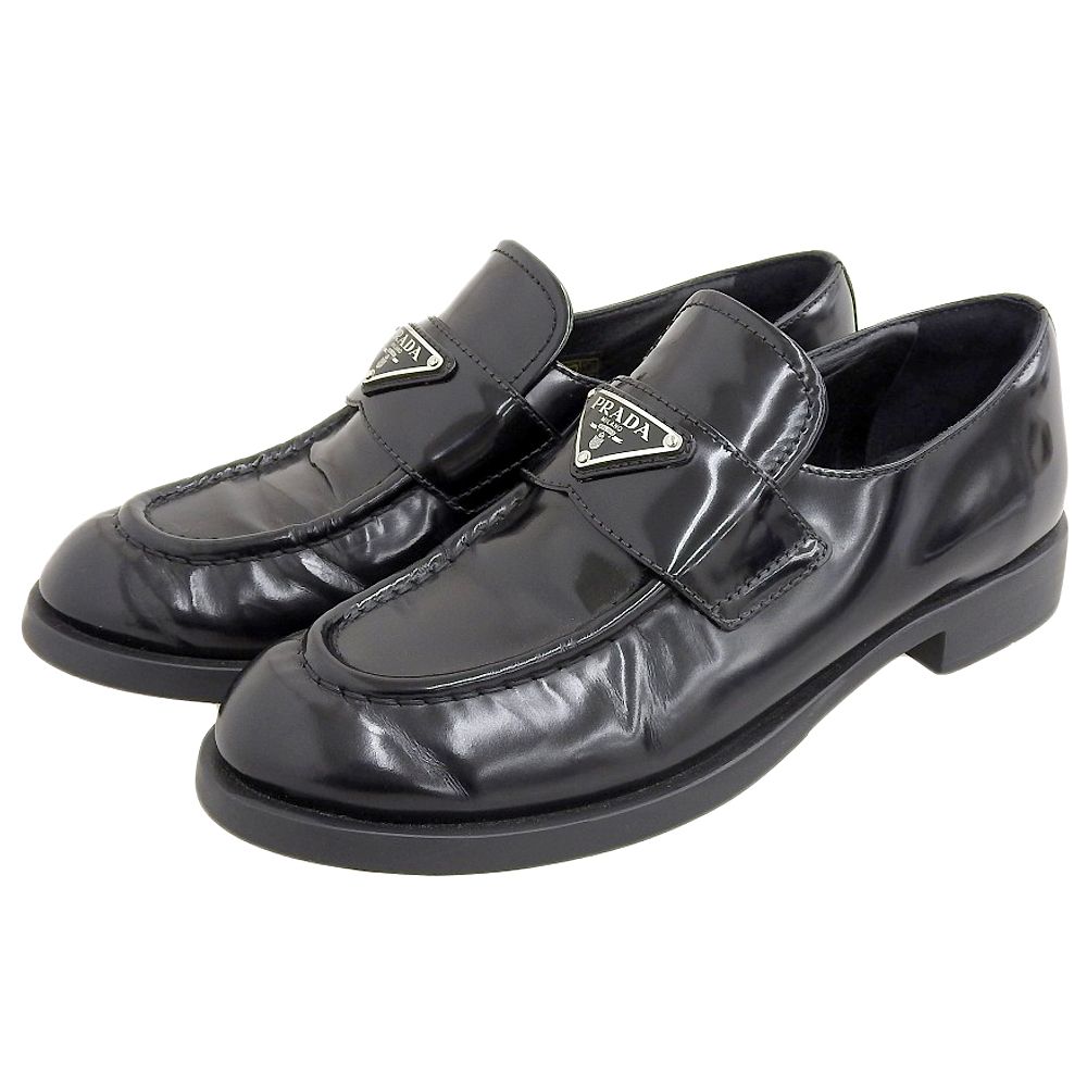 PRADA プラダ チョコレート ブラッシュドレザー ローファー シューズ レディース ブラック 38