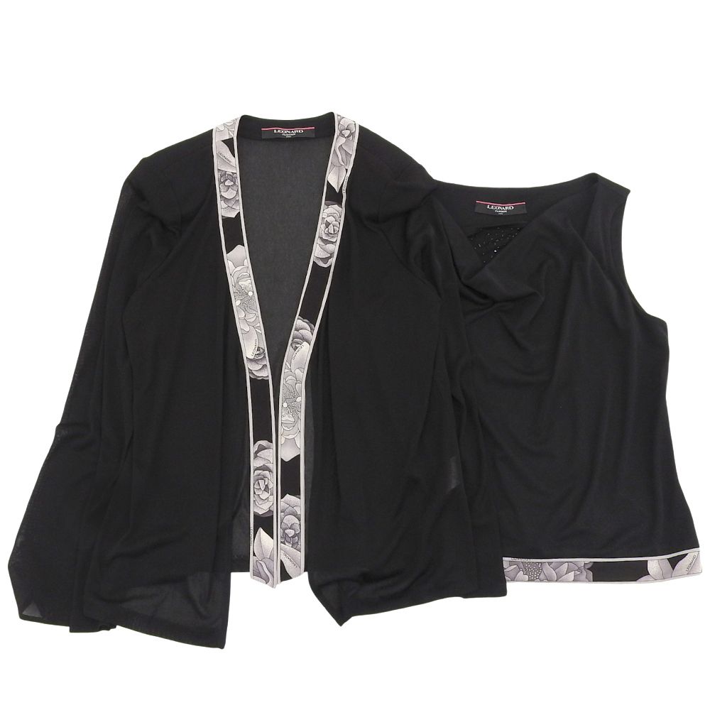 LEONARD レオナール 蘭柄ライン アンサンブル カーディガン ノースリーブトップス レディース ブラック LL L LL L