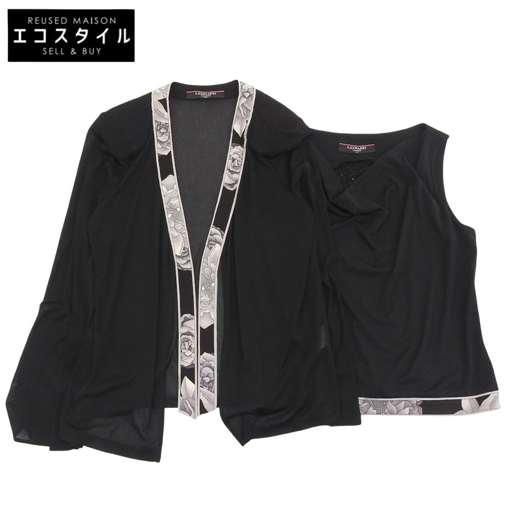 LEONARD レオナール 蘭柄ライン アンサンブル カーディガン ノースリーブトップス レディース ブラック LL L LL L