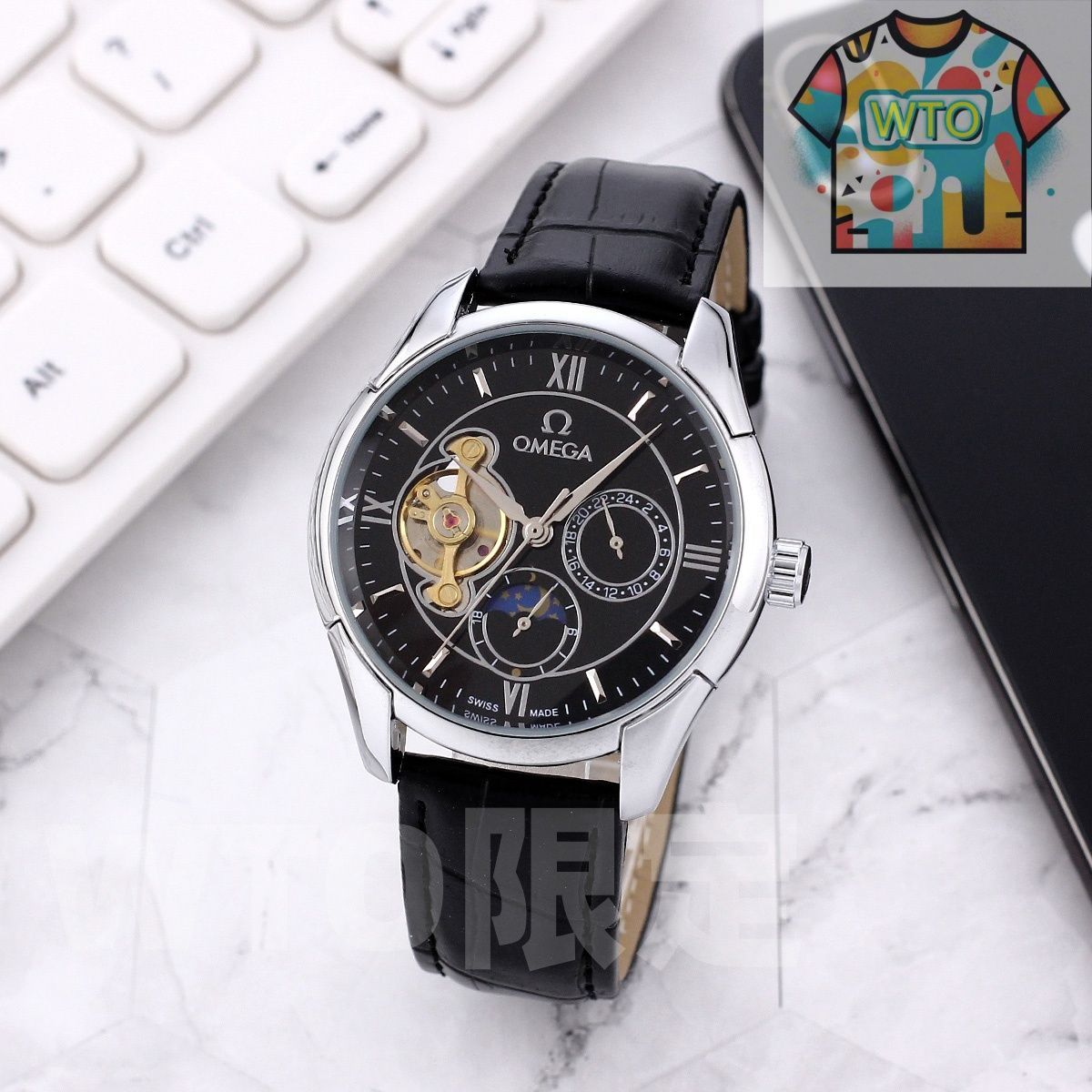 今日 Omega オメガ 九フライホイール オートマティック 日々星辰ムーブメント 6時位置に太陽と月が表示-WTO輸入2