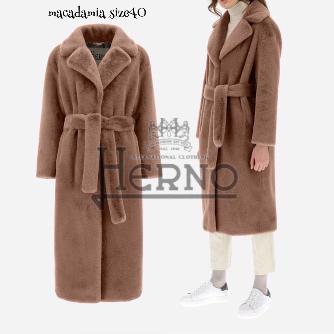 雑誌掲載 HERNO CA0409D ヘルノ エコファー フェイクファー ロブ コート マカダミア サイズ40