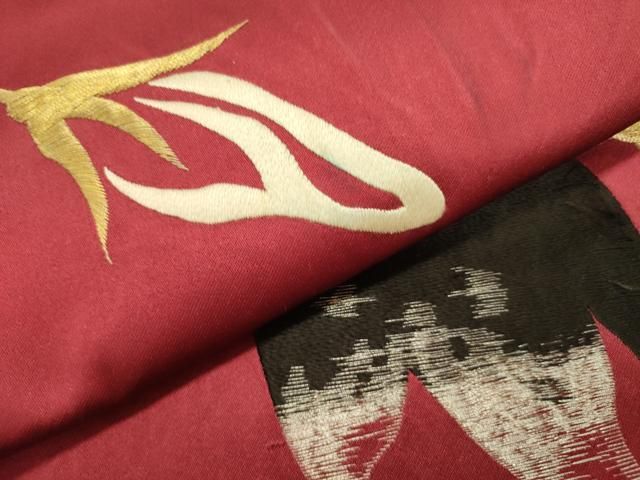  平和屋着物 アンティーク 大正ロマン 八寸名古屋帯 刺繍 一重帯 茄子 ナス 草花 成り物 金銀糸 正絹 op その他 着物 浴衣