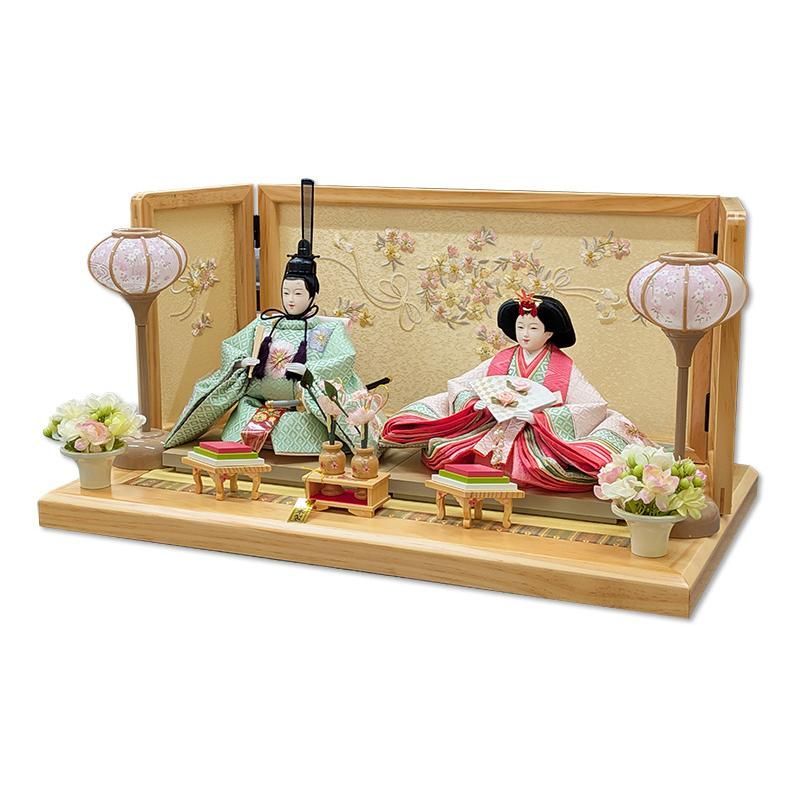 恵翠作 白木造り刺繍細工屏風 平飾り 親王飾り 小三五番 55cmタイプ コンパクトでも本格仕立ての雛人形