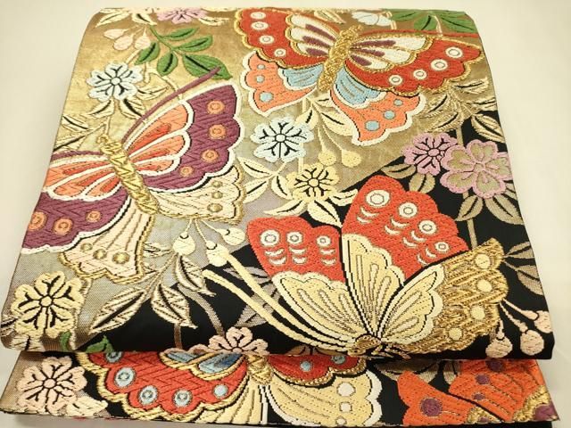 平和屋着物 六通柄袋帯 唐織 舞蝶花文 黒地 金糸 正絹 op